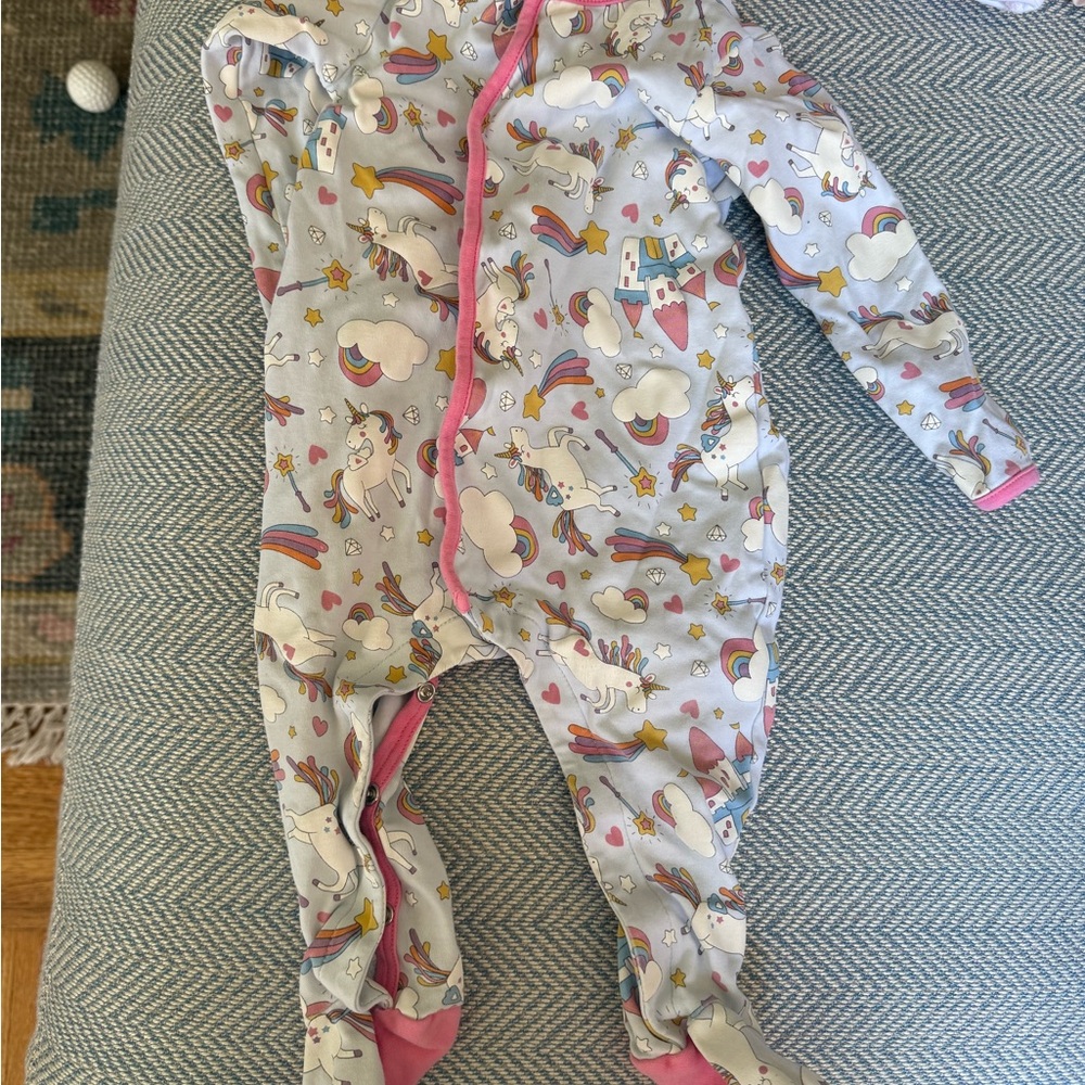 Unicorn Print Footed Pajamas with Pink Trim